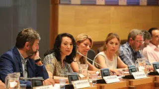 La concejala Antonia Alcalá, en el centro, con otros concejales del grupo del PP en el pleno del 6 de agosto