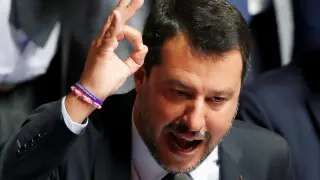 Italian Deputy PM Matteo Salvini gestures as he speaks during a session of the upper house of parliament over the ongoing government crisis, in Rome, Italy August 20, 2019. REUTERS/Yara Nardi [[[REUTERS VOCENTO]]] ITALY-POLITICS/