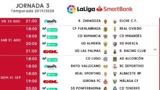 Nueva careta de horarios de la 3ª jornada publicada en la tarde de este jueves por la Liga de Fútbol Profesional: el Real Zaragoza-Elche se modifica y se adelanta una hora, de las 22.00 a las 21.00.