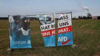 A torn election campaign banner of Germany's far-right Alternative for Germany (AFD) stands in a field near the chipboard plant of Lampertswalde, a municipality in which the AFD party reached their best result in regional elections in Saxony, Germany September 2, 2019. REUTERS/Wolfgang Rattay [[[REUTERS VOCENTO]]] GERMANY-ELECTIONS/REACTIONS AFD