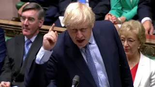 Britain's Prime Minister Boris Johnson gestures as he speaks at the parliament, which reconvenes after the UK Supreme Court ruled that his suspension of the parliament was unlawful, in London, Britain, September 25, 2019, in this screen grab taken from video. Parliament TV via REUTERS [[[REUTERS VOCENTO]]] BRITAIN-EU/PARLIAMENT
