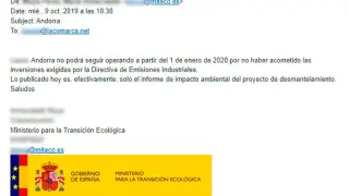 Email enviado al diario La Comarca desde el Ministerio para la Transición Ecológica