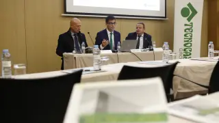 Vittorio Rossi, Lázaro Cubero y Carlos Alonso, en la presentación de Tecnocasa en Zaragoza.