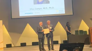 El patólogo Elías Campo Güerri, a la izquierda, recibe el diploma de la Academia de Medicina de EE.UU en el acto celebrado el sábado en Washignton.