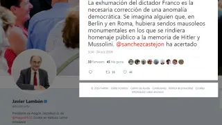 Comentario relativo a la exhumación de Franco publicado por Lambán.