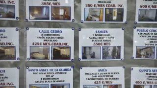 Anuncios de pisos de alquiler en el escaparate de una inmobiliaria de Huesca.