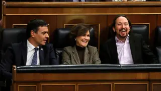 Sanchez, Calvo e Iglesias en un pleno, imagen de archivo.