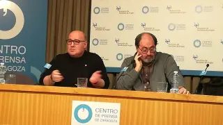José de las Morenas y Luis Clarimón, de UGT Aragón y de CC. OO. Aragón, hoy al presentar en Zaragoza la memoria de siniestralidad laboral de 2019 en la comunidad.