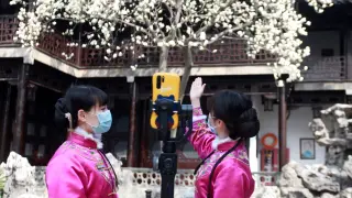 Tour guides wearing face masks show a blooming flower tree through a live-streaming platform, at a closed tourist attraction following the novel coronavirus outbreak in the country, in Yangzhou, Jiangsu