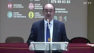 El presidente de Aragón, Javier Lambán, y el director de Salud Pública, Franciso Javier Falo, repasan la situación del coronavirus en Aragón.