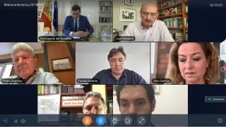 Reunión telemática de Tomás Guitarte, de Teruel Existe, y el resto de diputados del Grupo Mixto con Pedro Sánchez.