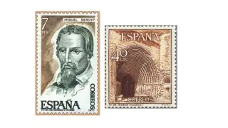 A la izquierda,serie Personajes españoles (1977). A la derecha, Serie Turística (1966)