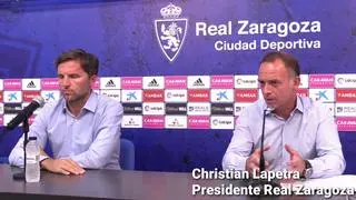 Lapetra y Lalo Arantegui, presidente y director deportivo del Zaragoza, han comparecido en rueda de prensa este miércoles tras la salida de Luis Suárez.