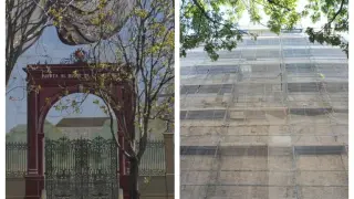 Fachada en la plaza de San Miguel antes y después de la retirada del mural
