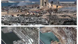 La explosión dejó la zona del puerto devastada. Abajo se ve el antes y el después de la deflagración