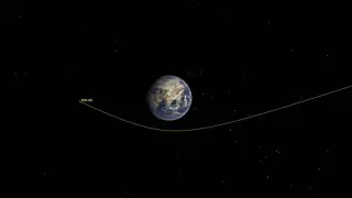 Iustración que muestra la trayectoria del asteroide 2020 QG doblada durante su aproximación a la Tierra.