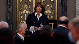 La fiscal general del Estado, Dolores Delgado, interviene durante la inauguración del Año Judicial, este lunes en el Tribunal Supremo en Madrid.