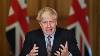 Britain's Prime Minister Boris Johnson holds a virtual news conference, in London
