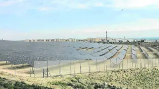 Planta fotovoltaica de la empresa aragonesa IASO en Zaragoza con barreras para proteger las placas solares de las rachas de viento.