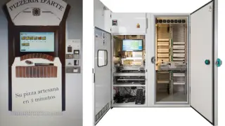 A la izquierda, un boceto del frontal de la instalación. A la derecha, el interior de un modelo real de máquina expendedora de pizzas.