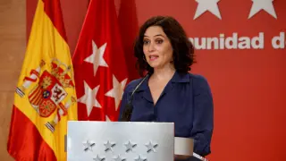 La presidenta de la Comunidad de Madrid, Isabel Díaz Ayuso, durante la rueda de prensa ofrecida este jueves en la Real Casa de Correos, sede del Gobierno regional.