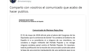Una imagen del comunicado compartido por Rajoy en su cuenta de Twitter.