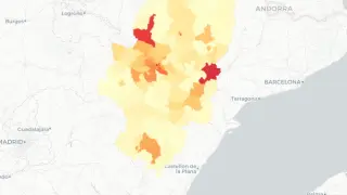 Mapa de Aragón con los casos de coronavirus desde el inicio de la pandemia