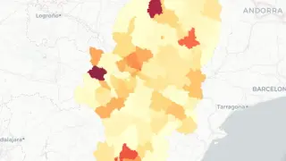 Mapa de Aragón con los casos de coronavirus de las últimas 24 horas