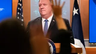 U.S. Secretary of State Mike Pompeo gives a briefing to the media