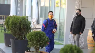 Leo Messi, a su llegada al hotel Abba de Huesca.