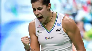 Carolina Marín celebra la victoria en la semifinal.