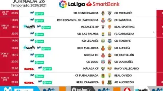 Horarios y fechas de los partidos de la jornada 26ª de Segunda División.