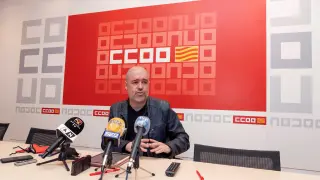 Unai Sordo, secretario general de Comisiones Obreras Aragón, en la rueda de prensa que ha ofrecido hoy en Zaragoza.