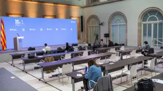 Sala de prensa del centro de datos de la Generalitat sobre las elecciones catalanas, instalado en el Parlament.