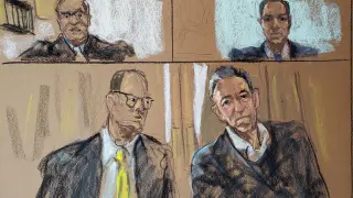 Dibujo hecho de la comparecencia telemática de Springsteen (abajo, derecha), junto a su abogado (abajo, izquierda), ante el juez Mautone (arriba, izquierda) y el fiscal Baker (arriba, derecha).