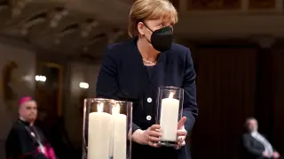 La canciller alemana, Angela Merkel, durante el acto en homenaje a las víctimas del coronavirus.