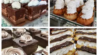 Arriba, a la izquierda, el Bucaret de chocolate es uno de los pasteles más populares; a la derecha, el sevarine es parecido al clásico borracho español; abajo, a la izquierda, el amandine es un bizcocho de chocolate en capas; a la dercha, en Casa Romaneasca de Alcañiz venden el eclere
