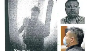 A la izquierda, la foto captada por la mirilla. A la derecha, la ficha policial y un momento del juicio.
