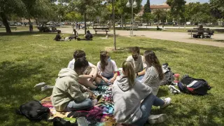 Un grupo de alumnos de Química y Biotecnología charla entre clase y clase en la Universidad de Zaragoza.