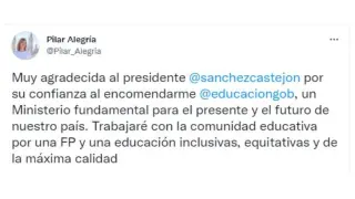 Primer tuit de Pilar Alegría tras ser elegida ministra de Educación.