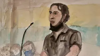 Dibujo de Salah Abdeslam juzgado como presunto autor del atentado de la sala Bataclan de París.