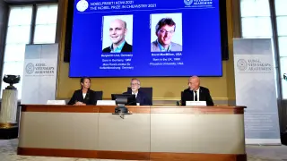 Announcement of winners of the 2021 Nobel Prize in Chemistry in Stockholm