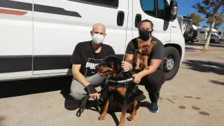 Jordi y Rebeca, con sus dos perros, Ares y Golfo, en el área de caravanas de Teruel.