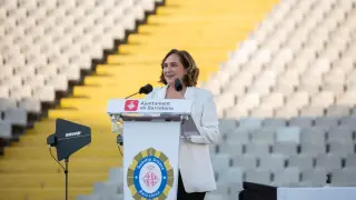 La alcaldesa de Barcelona, Ada Colau, en un acto de promoción de bienvenida de la nueva promoción de agentes de la Guardia Urbana.