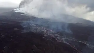 An aerial view of the lava of the Cumbre Vieja volcano near the Tajuya neighborhood
