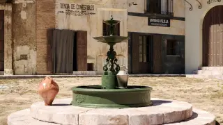 Recreación de la fuente de Averly en la antigua plaza de Belchite.