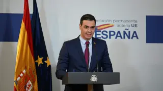El presidente del Gobierno de España, Pedro Sánchez, tras participar en la reunión del Consejo Europeo de Bruselas este jueves.