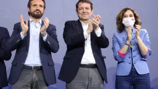 Casado, Mañueco y Ayuso durante la campaña electoral en Castilla y León