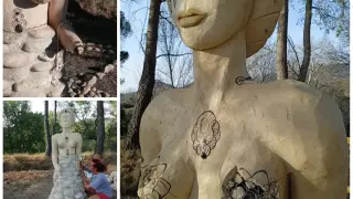 Vandalismo de la escultura de La Giganta Filandera de los Mallos, obra de Ana Béjar, ubicada en Ayerbe.