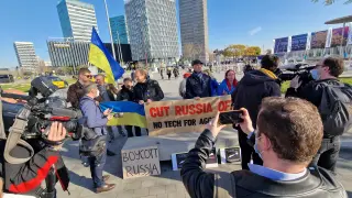 Manifestación de ucranianos y bielorrusos en Barcelona contra la ocupación rusa y en apoyo al pueblo ucraniano.
